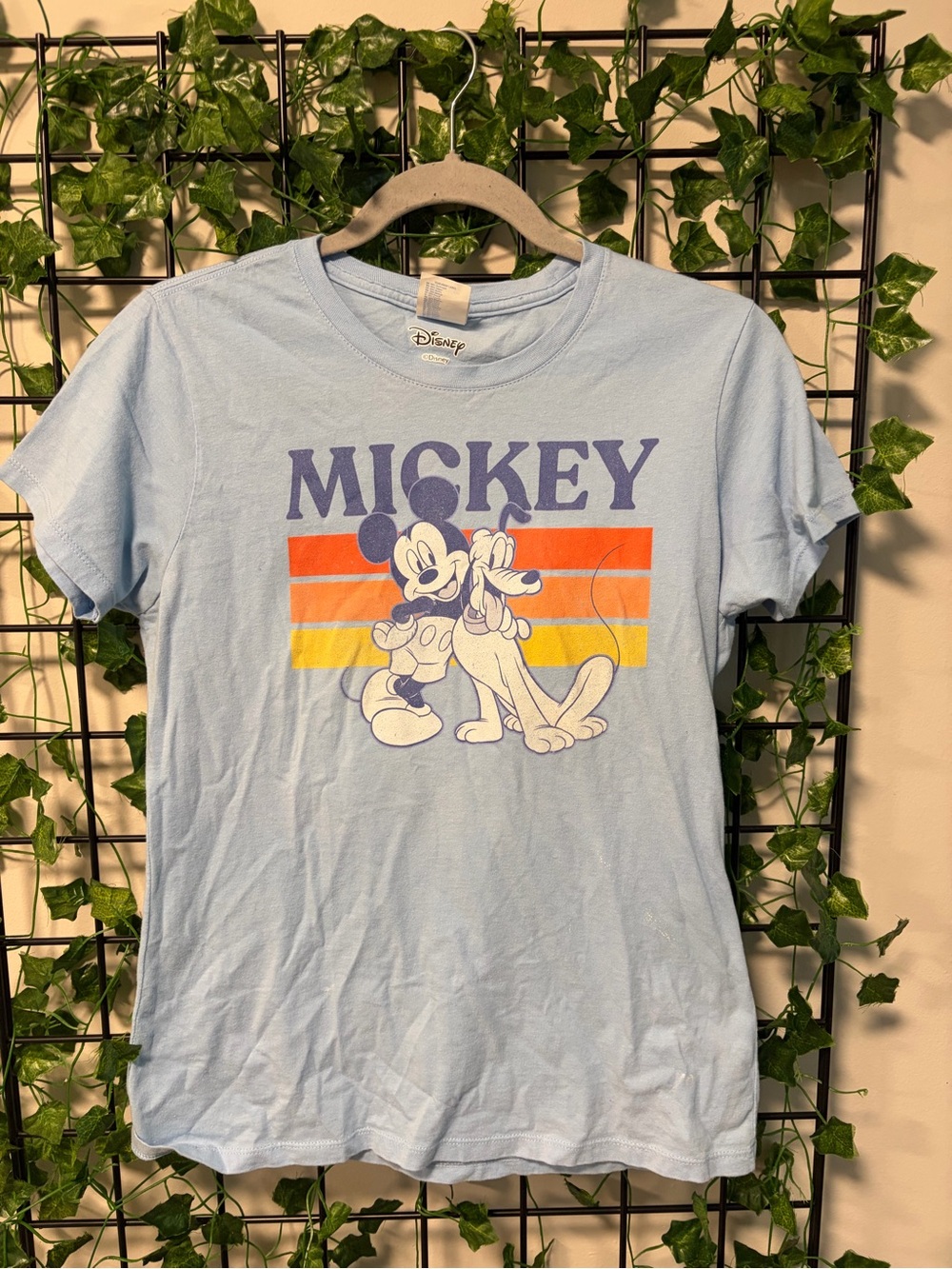 Disney Light Blue Graphic Tee with Retro Multicolor Print